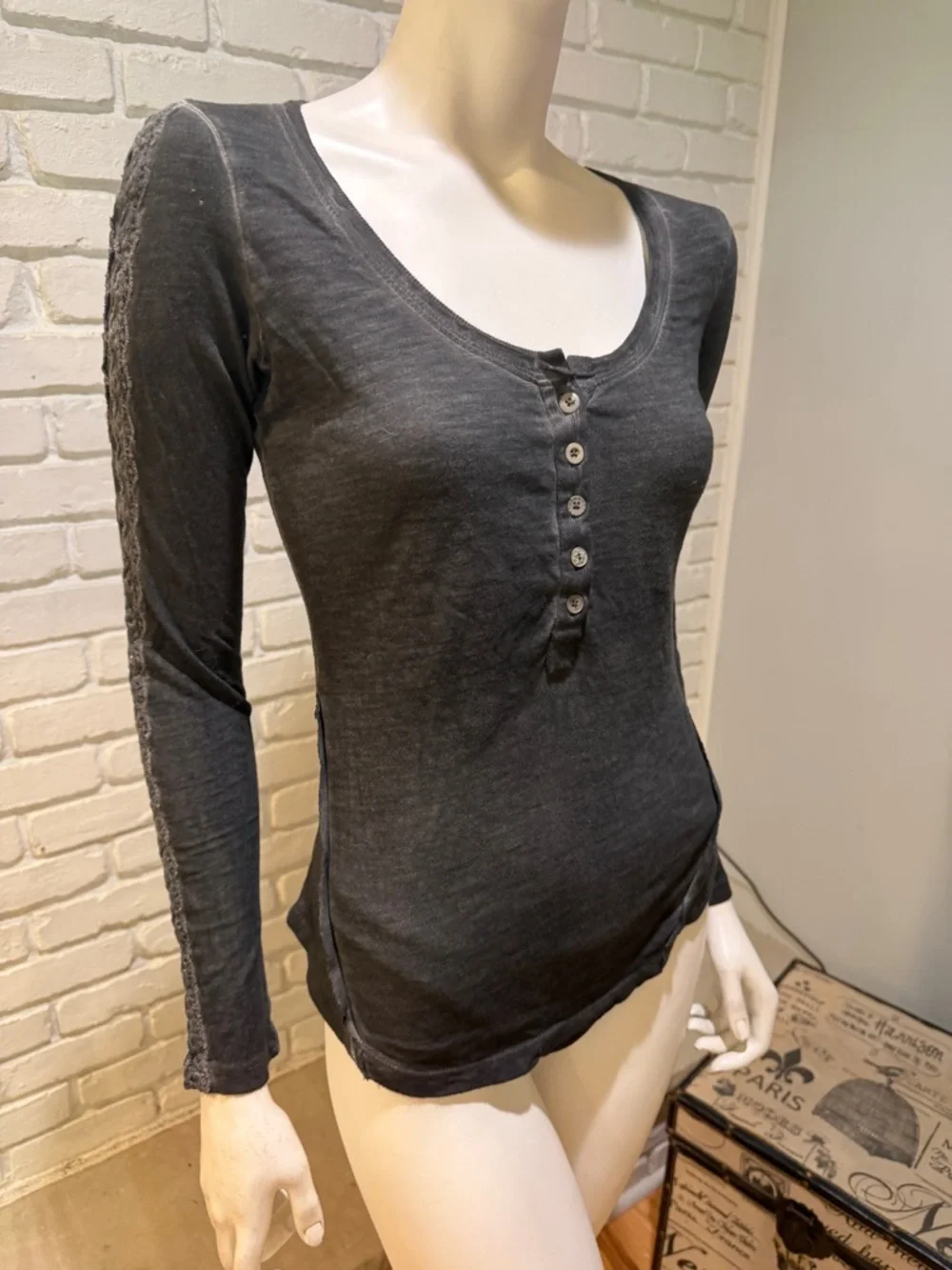 Free People Grey Lace Sleeve Henley Top Extra Small NWOT Boho Chic